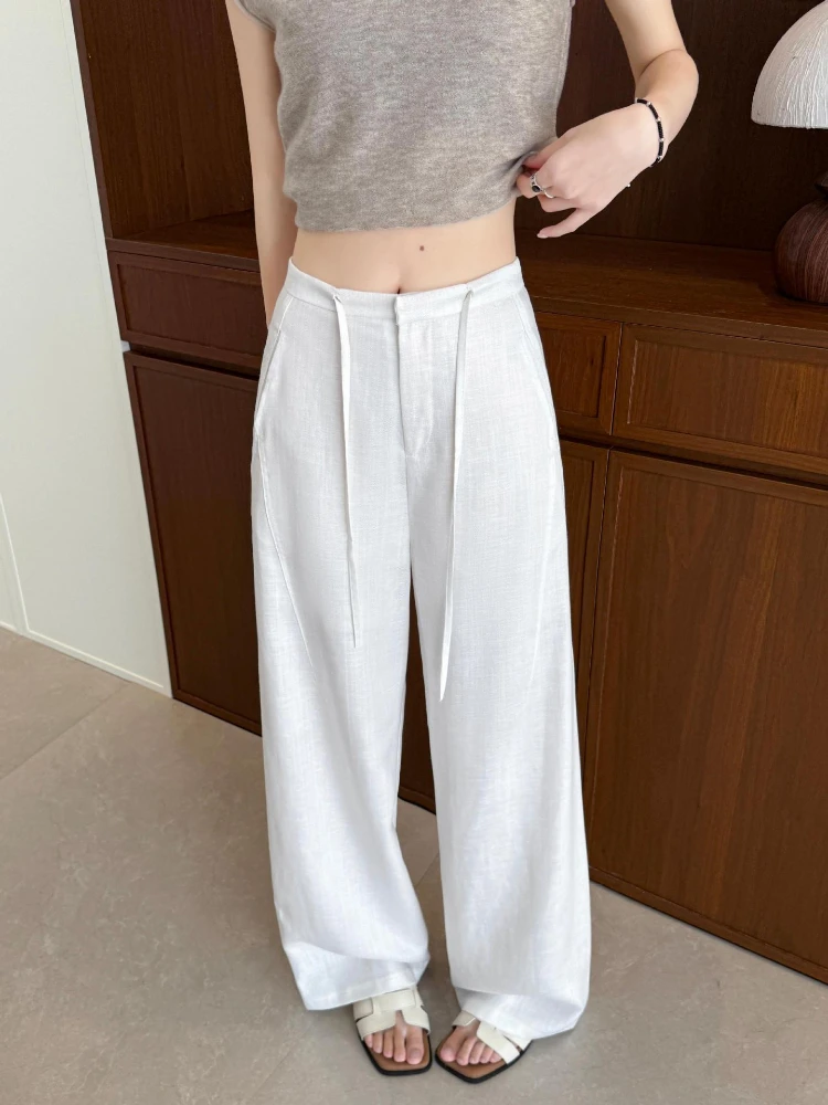 Elegant Cotton Linen Baggy Pants Fashion Women High Waist Drawstring Pocket Loose Wide Leg Pant Casual Streetwear New Trousers