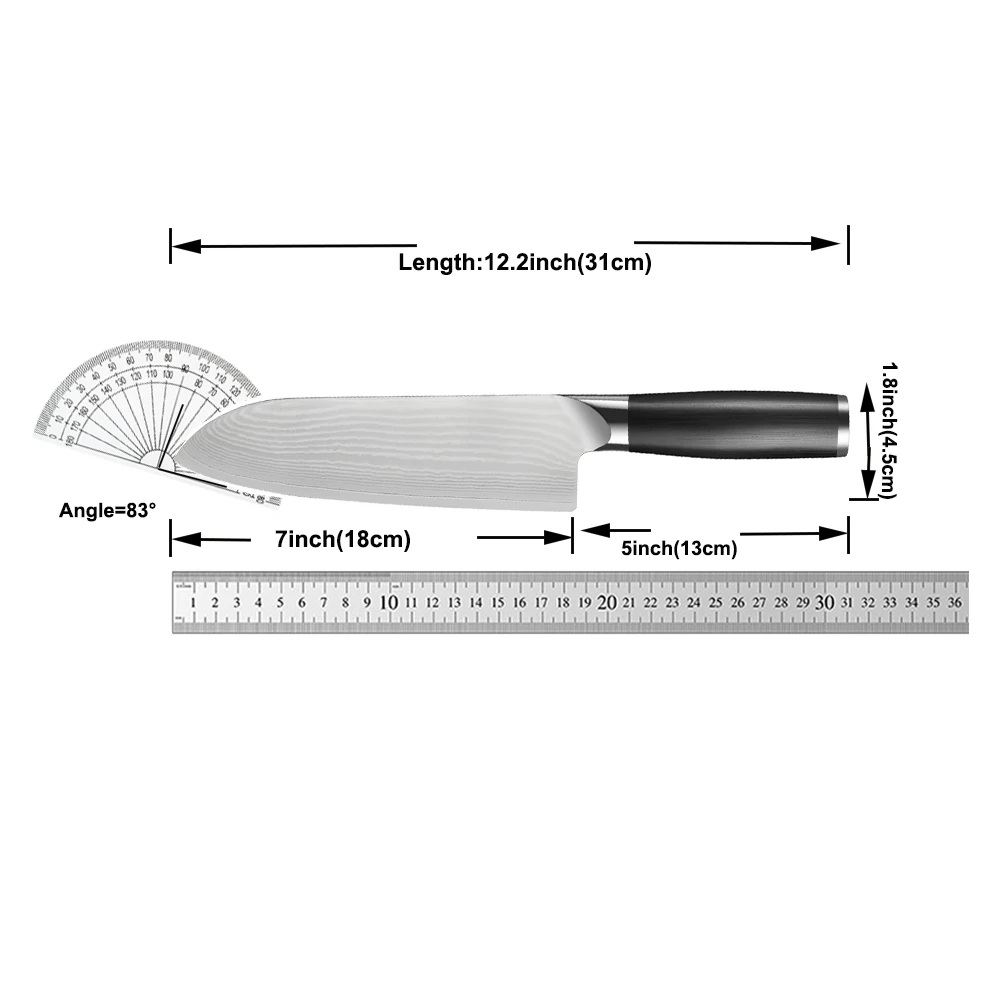 Santoku-Messer, ultrascharfes Kochmesser aus Damaststahl VG10, multifunktionales Profi-Küchenmesser zum Hacken von Fleisch und Fisch – Detail 5