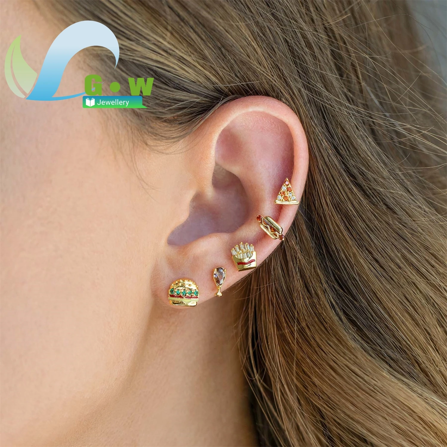 Juego de pendientes de plata S925 con diseño de pizza, hamburguesa y patatas fritas, diseño de gotas de aceite coloridas, pendientes bonitos y dulces para mujer, joyería de moda al por mayor