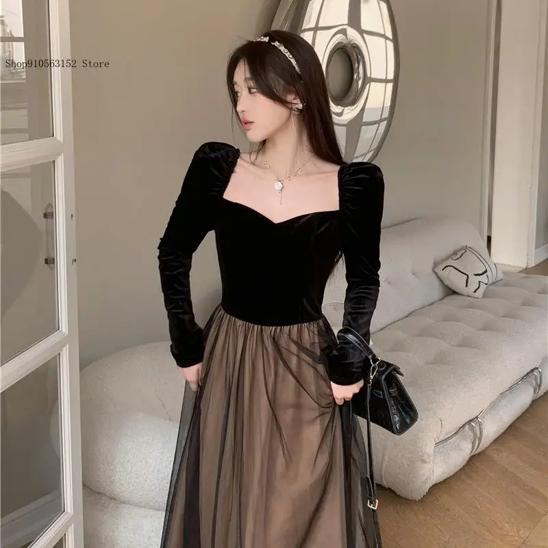 Autumn and Winter Mesh Patchwork Long Sleeved Slim Fitting Waist Style Elegant Long Dress for Women