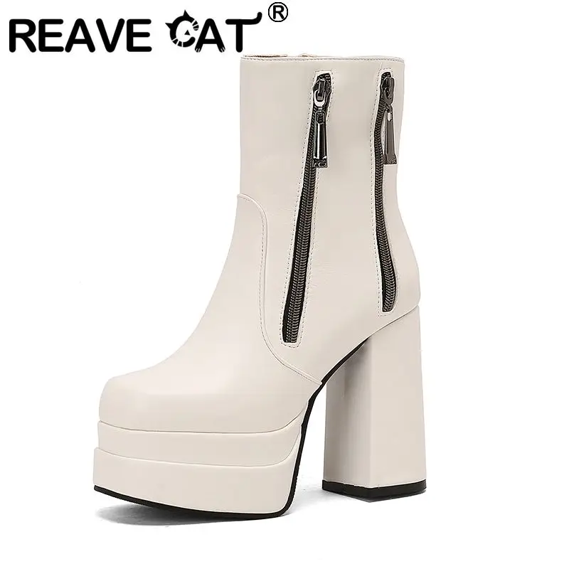 REAVE CAT Fashion Women Ankle Boots Toe Chunky Heels 12cm Platform 5cm 49 50 Sexy Party Booties