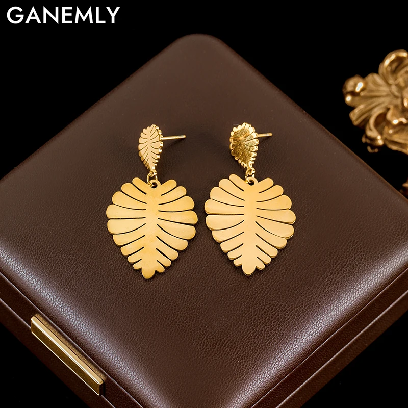 GANEMLY 2025 New Fashion Stainless Steel Metal Palm Leaf Stud Earrings For Women Elegant Gold Color Ear Dangle Jewelry Gifts