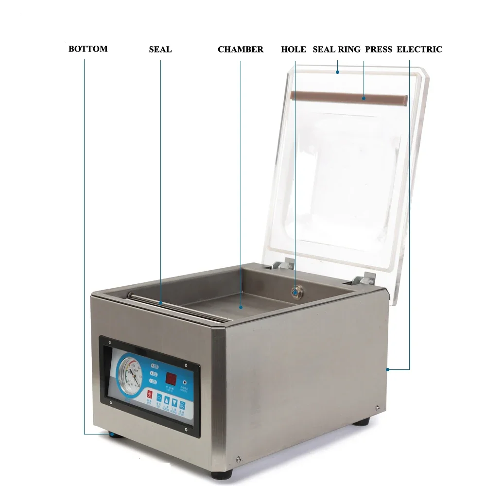 DZ260 Máquina envasadora de sellado al vacío de bolsas de frijoles con fechas y fechas de una sola cámara pequeña de escritorio semiautomática