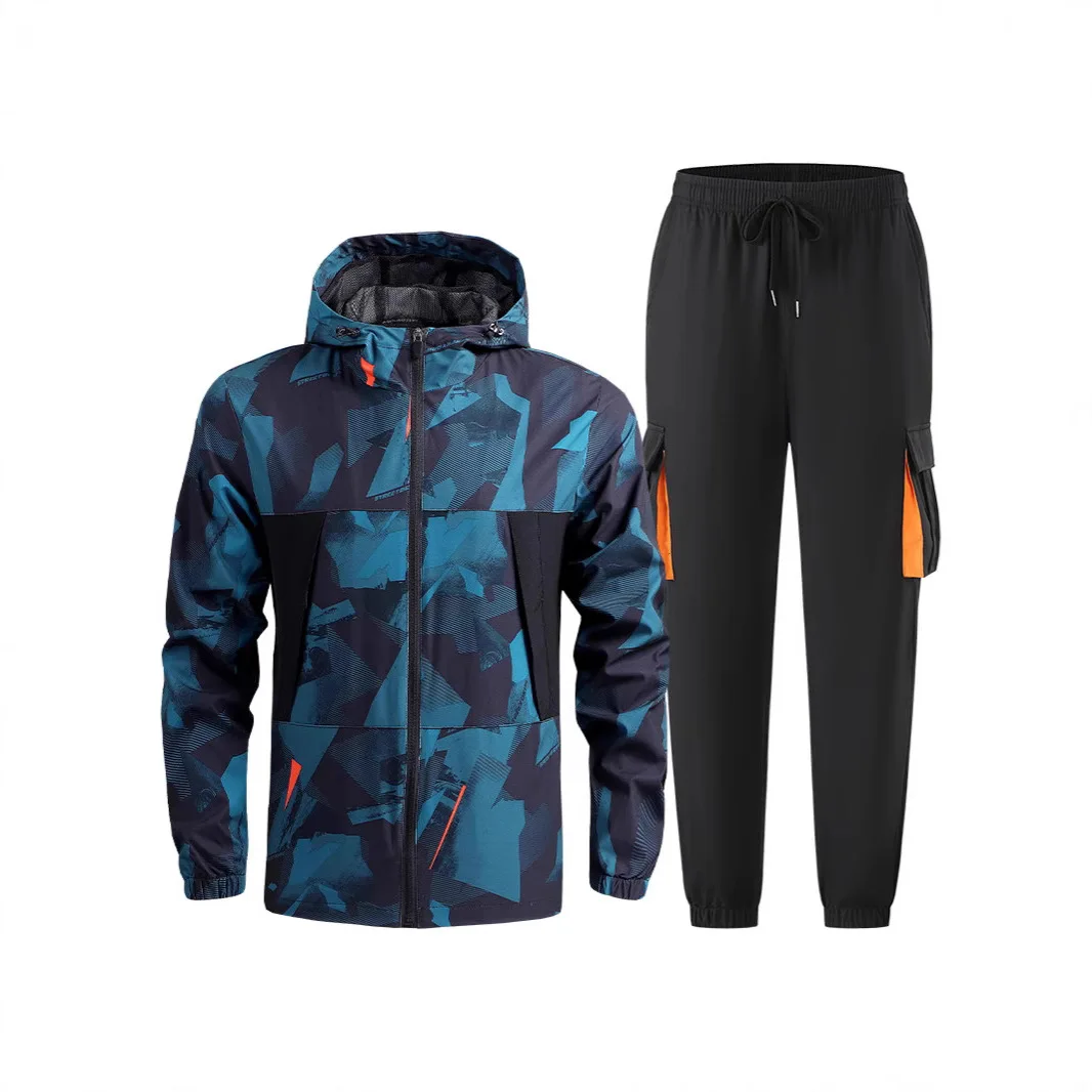Men's Spring and Autumn Mountain Climbing Jacket and Pants Set, Thin Casual Outdoor Sports Hooded Jacket with Leggings Pants