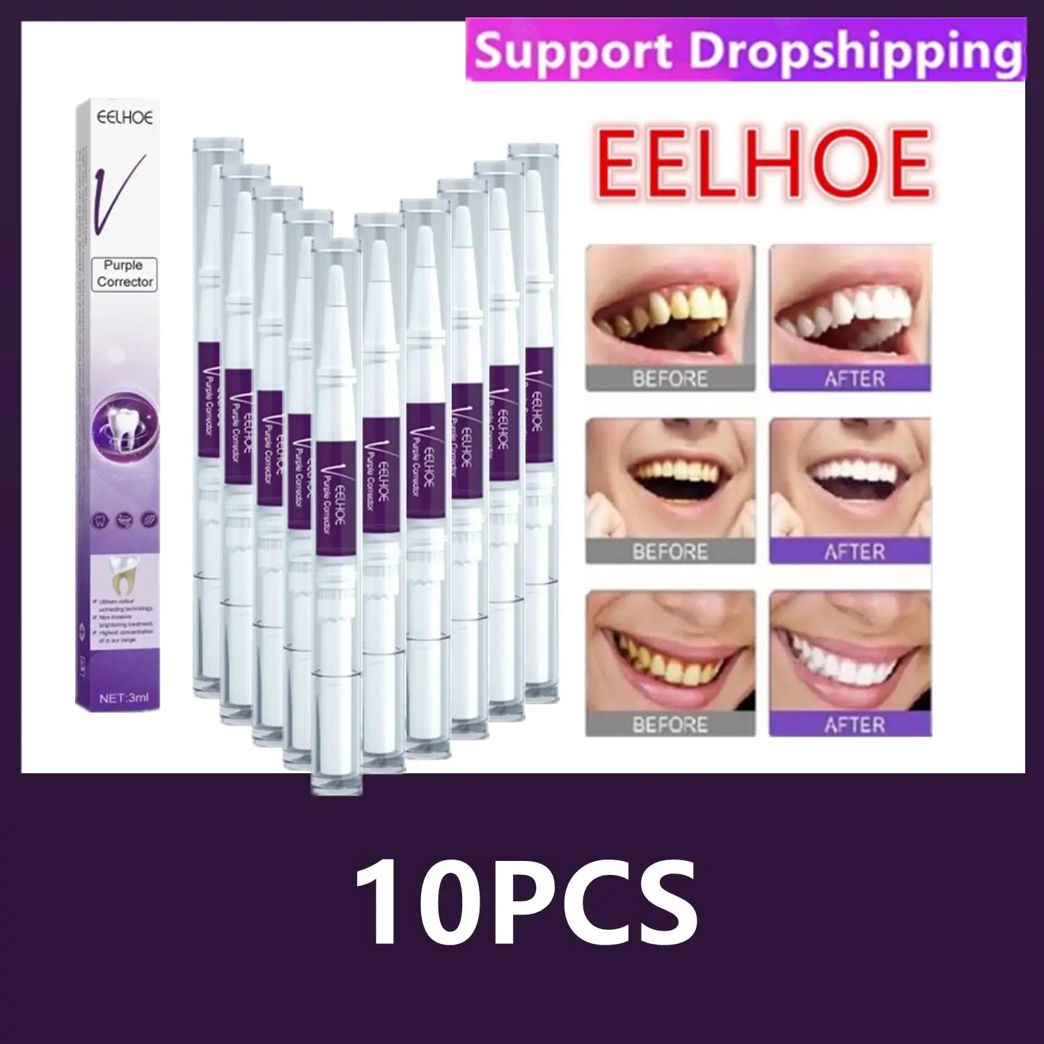 

10PCS 3ML Teeth Whitening Pen Purple Color Fresh Mouth Breath Toothpaste Brighten Tooth Remove Yellow Corrector Stains