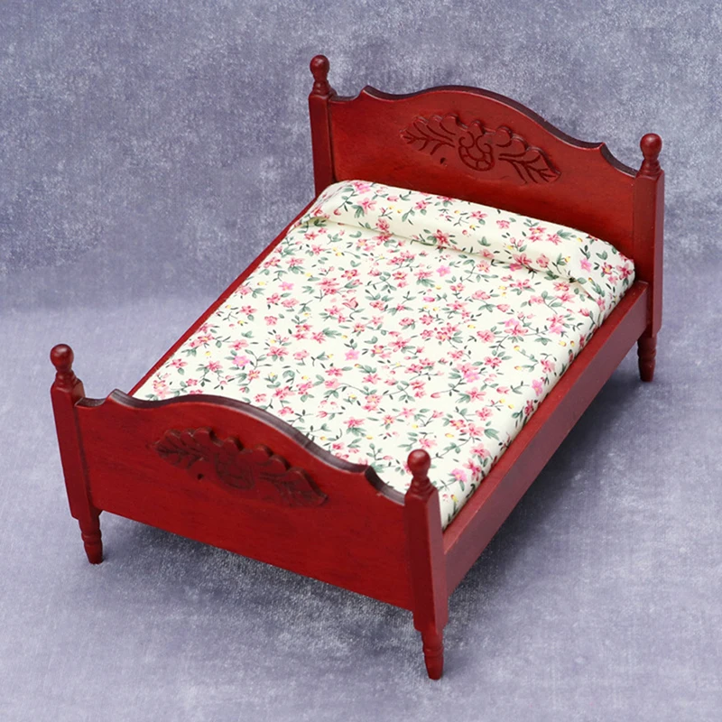 1:12 Dollhouse Miniature European Double Bed Model Furniture Accessory For Doll House Bedroom Decor Kids Pretend Play Toys Gift