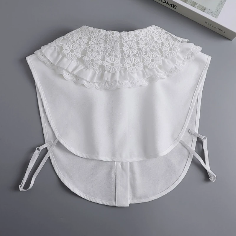 여성 및 소녀용 화이트 빅 라펠 숄 인조 칼라, 러플 트림 탈부착 가능한 반셔츠 라펠 블라우스 칼라 장식