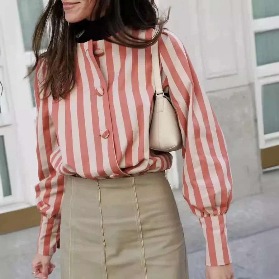 Camisa a rayas de manga larga para mujer, blusa holgada informal y elegante con cuello redondo, Estilo Vintage, primavera y otoño, 2024