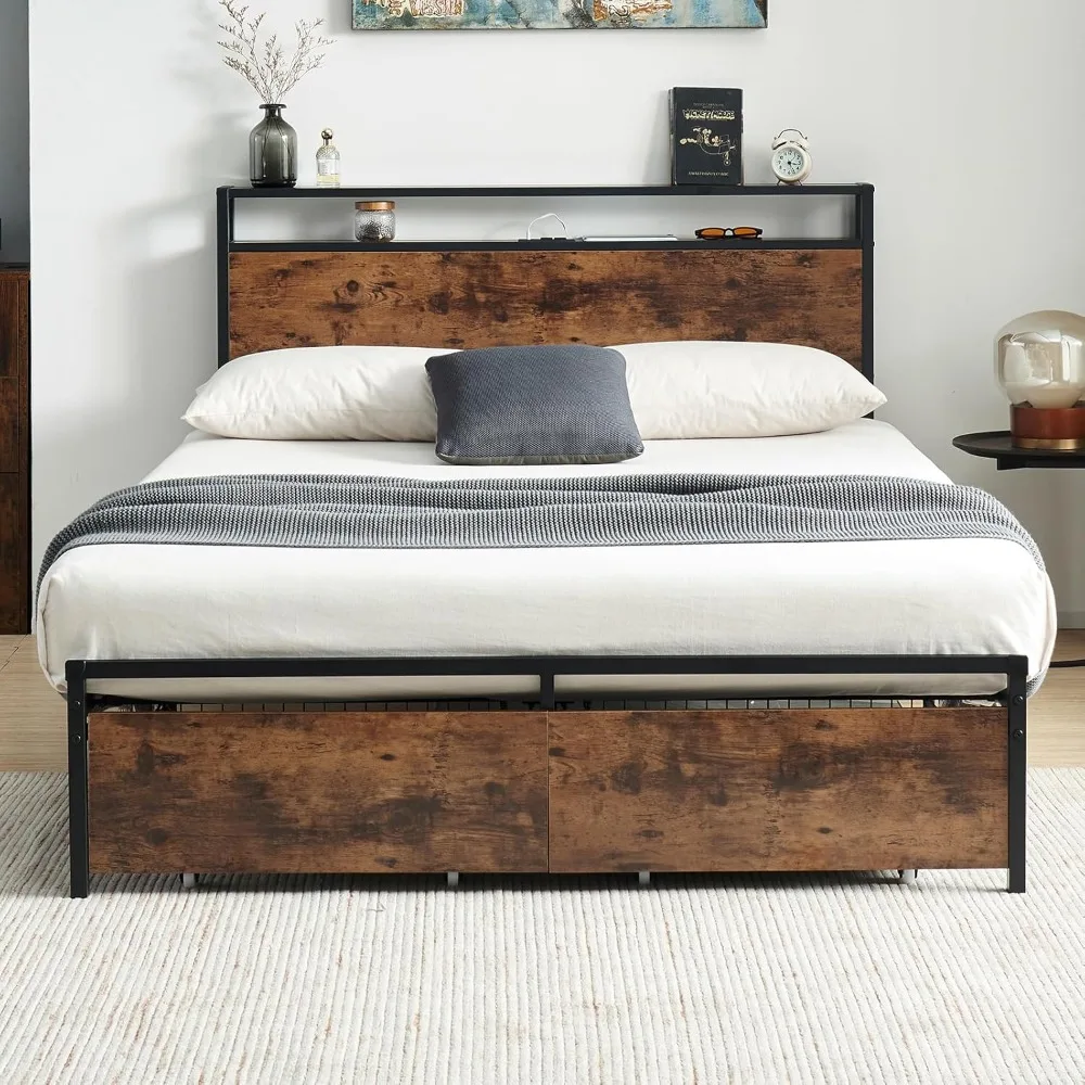 

Full Size Adjustable Bed Frame with Linen Interior, LED Lights, and Storage Headboard, Platform Bed Frame with Charging Station