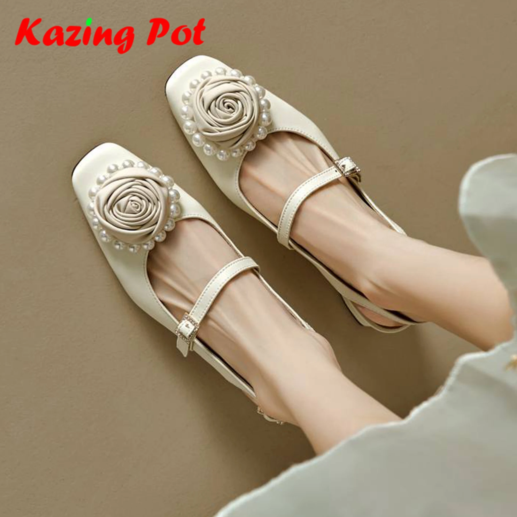 

Krazing Pot Beauty Sheep Skin Summer Shallow Summer Shoes Gladiator Pearl Flowers Square Toe Med Heels Mary Janes Women Pumps