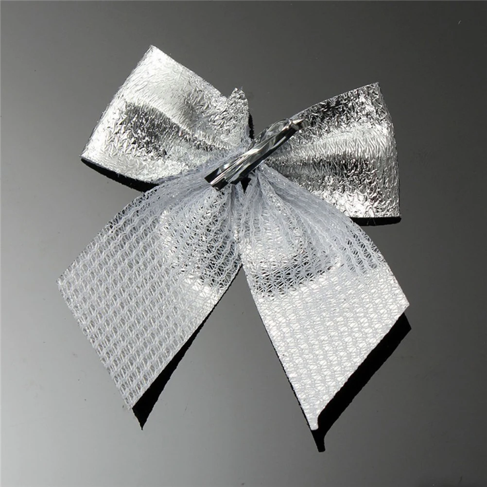 

24Pcs Christmas Bowknots Silver Decorative Glitter Ribbon Tree Festival Party Accessories DIY Wedding Scrapbooking