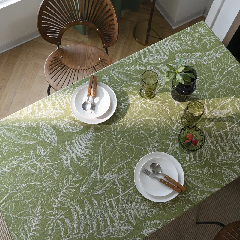 Table Cloth Green Leaf Sketching Dining Table Cloth American Fabric Art Rectangle