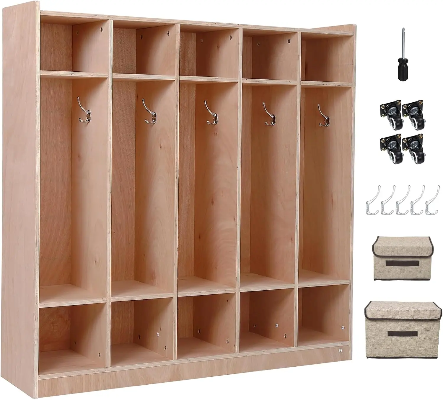 

Classroom Coat Locker, Cubby Storage Organizer, 5-Section Compartments Cabinet Lockers, with 4 Casters, 5 Hooks &2 Storage Boxes