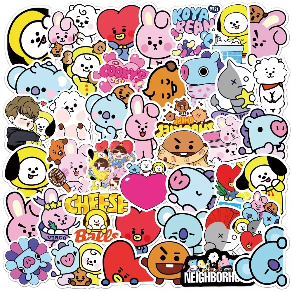 50PCS Pegatinas Kawaii BT21 para Maletas, Laptops, Autos, Teléfonos Móviles, Refrigeradores, Pegatinas Impermeables COOKY KOYA TATA, Regalo de Anime