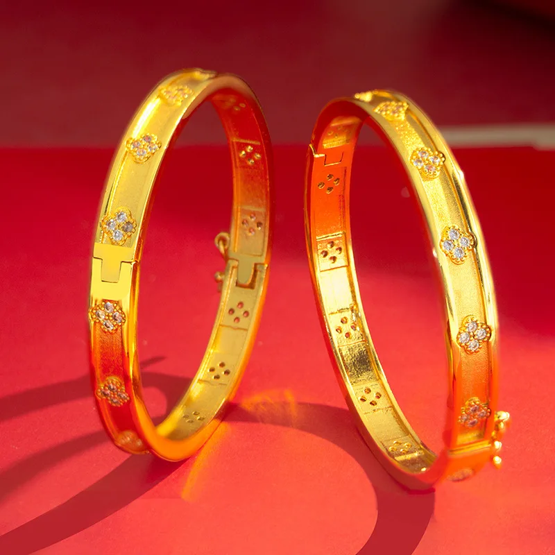 

Gold shop same style 24K real gold four-leaf clover bracelet 9999 inlaid diamond yellow gold bracelet