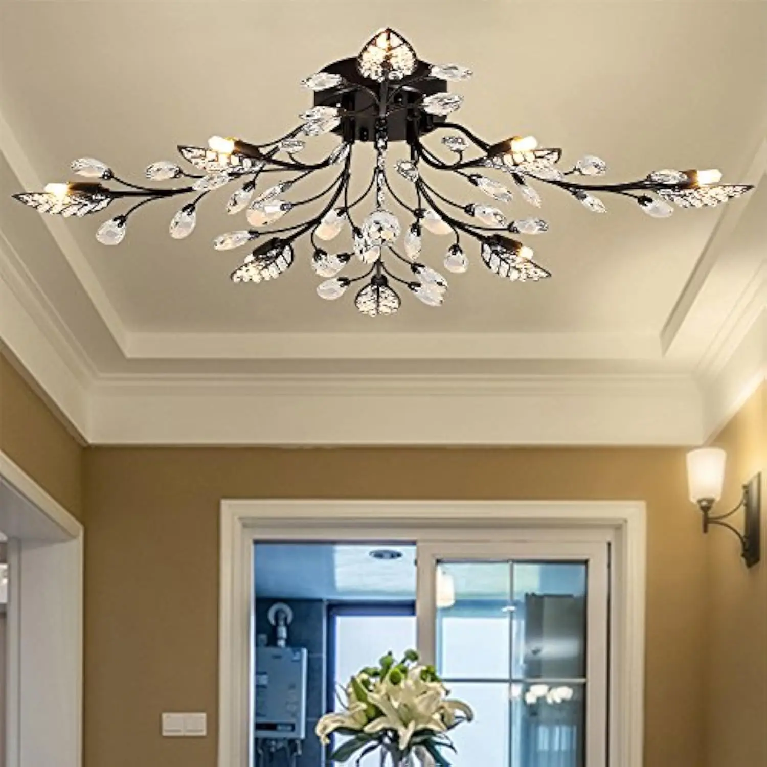 

Vintage Black Crystal Branch Chandelier Flush Mount Crystal Ceiling Lights Fixture Tree Leaves Pendant Light for Living Room D