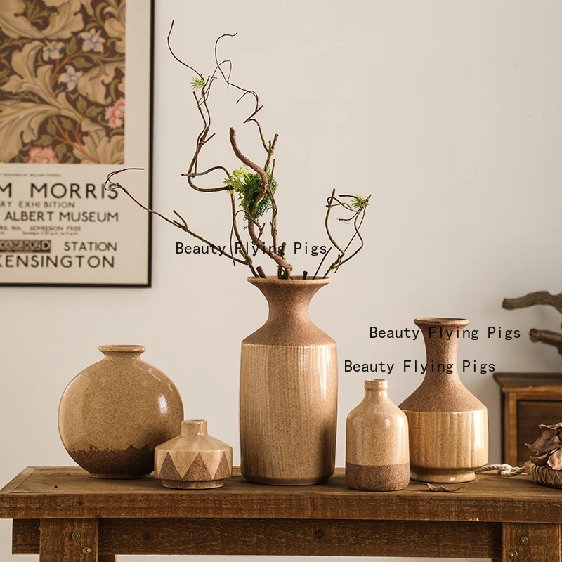 

Ceramic jar Chinese retro vase decoration living room office desktop high-end feeling, air dried flower planter No dried flowers