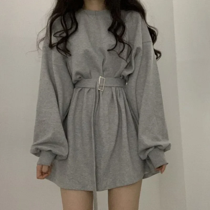 Women Fashion Dress Spring and Autumn Plus Size Dress Casual Slimming Loose Long-sleeved High Waist Solid Sweater Dress Korean