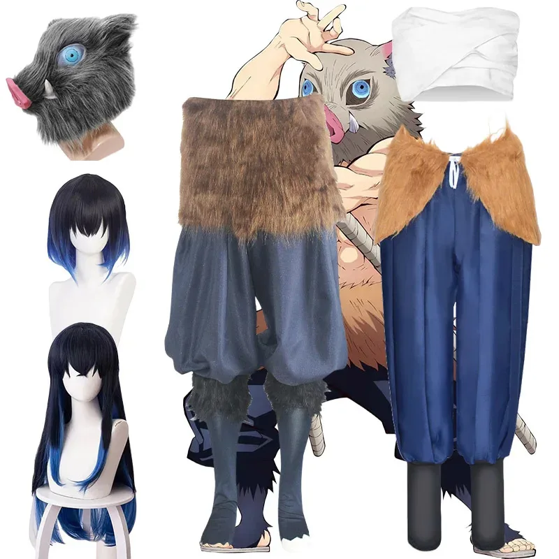 Kostum Cosplay Anime Hashibira Inosuke Kimetsu No Yaiba Paket Wig Hashibira Inosuke Celana Gaun Mewah dan Masker Apron