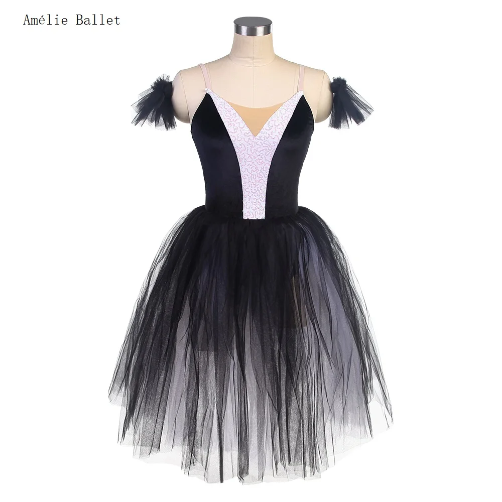 

24030 Black Velvet Bodice with White Sequin Romantic Length Tutu Skirt Women Girls Stage Performance Costume 11 Sizes Available