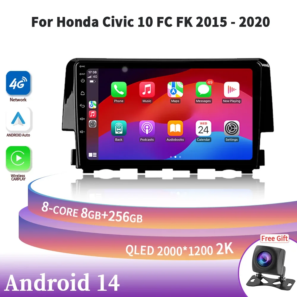 

Android 14, для Honda Civic 10 FC FK 2015-2020, беспроводной стерео Carplay, автомобильный радиоприемник, центральный мультимедийный навигационный экран, головное устройство