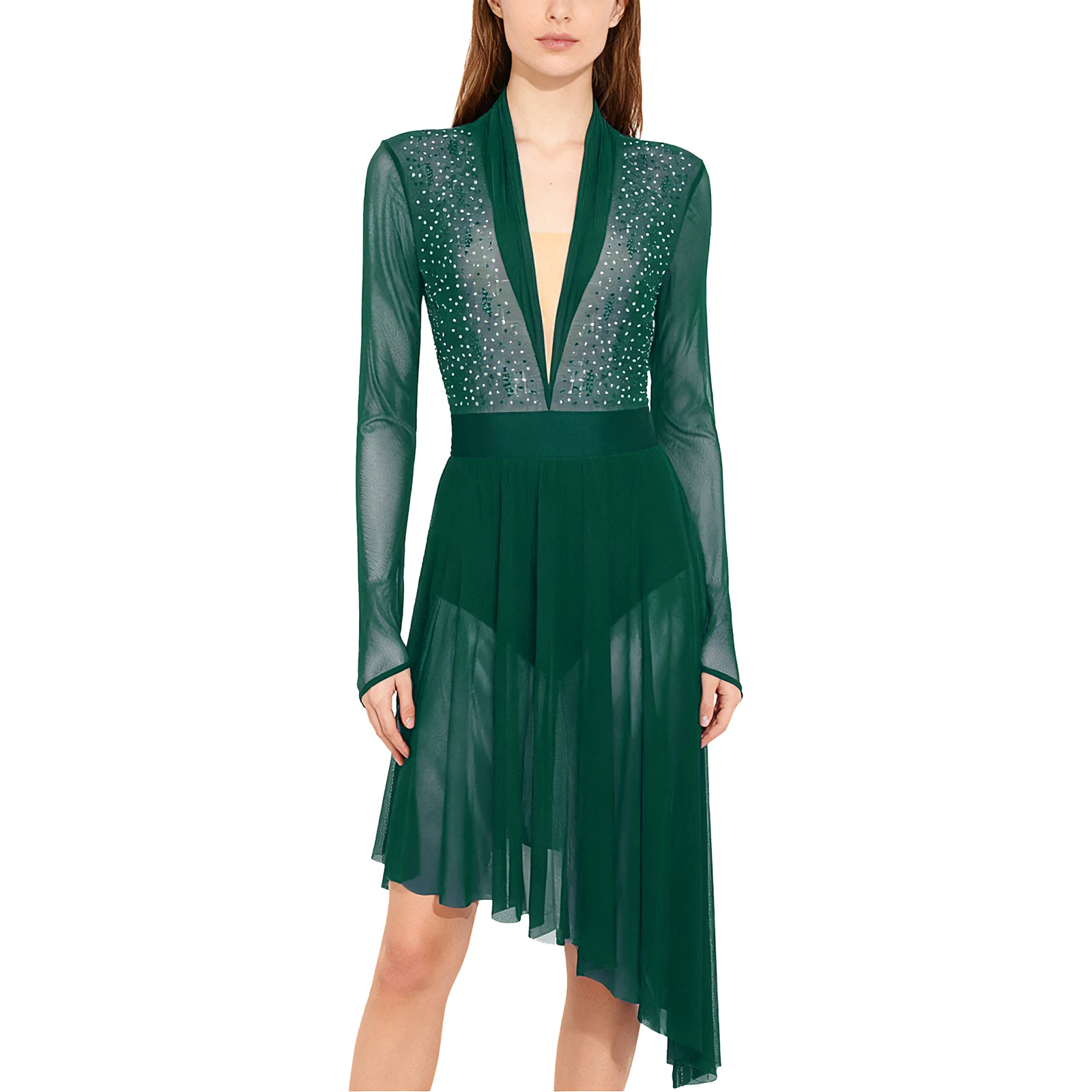 فستان رقص غنائي حديث للمرأة بقماش شفاف وأكمام طويلة وأحجار الراين اللامعة المدمج في أزرار المنشعب فستان شيفون مكشكش #1