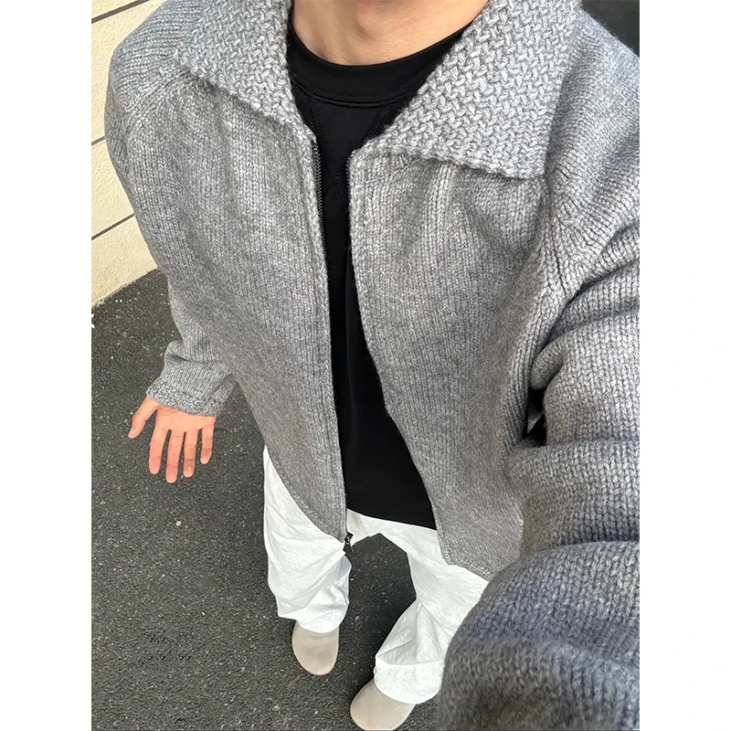 

Light ey Zipper Collar Sweater Cardigan Men's Autumn Winter American Retro Lazy Sle High-End Knitted Outerwear