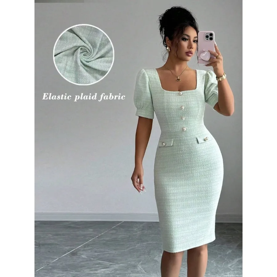 

【New style】Selianne Square Neck Puff Sleeve Button Front Bodycon Dress