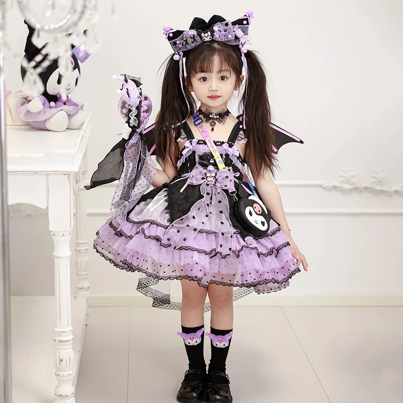

Cosplay Kuromi Lolita Dress For Girls Summer Puffy Lace Ruffle Purple Princess Skirt For Children Birthday Party Performance