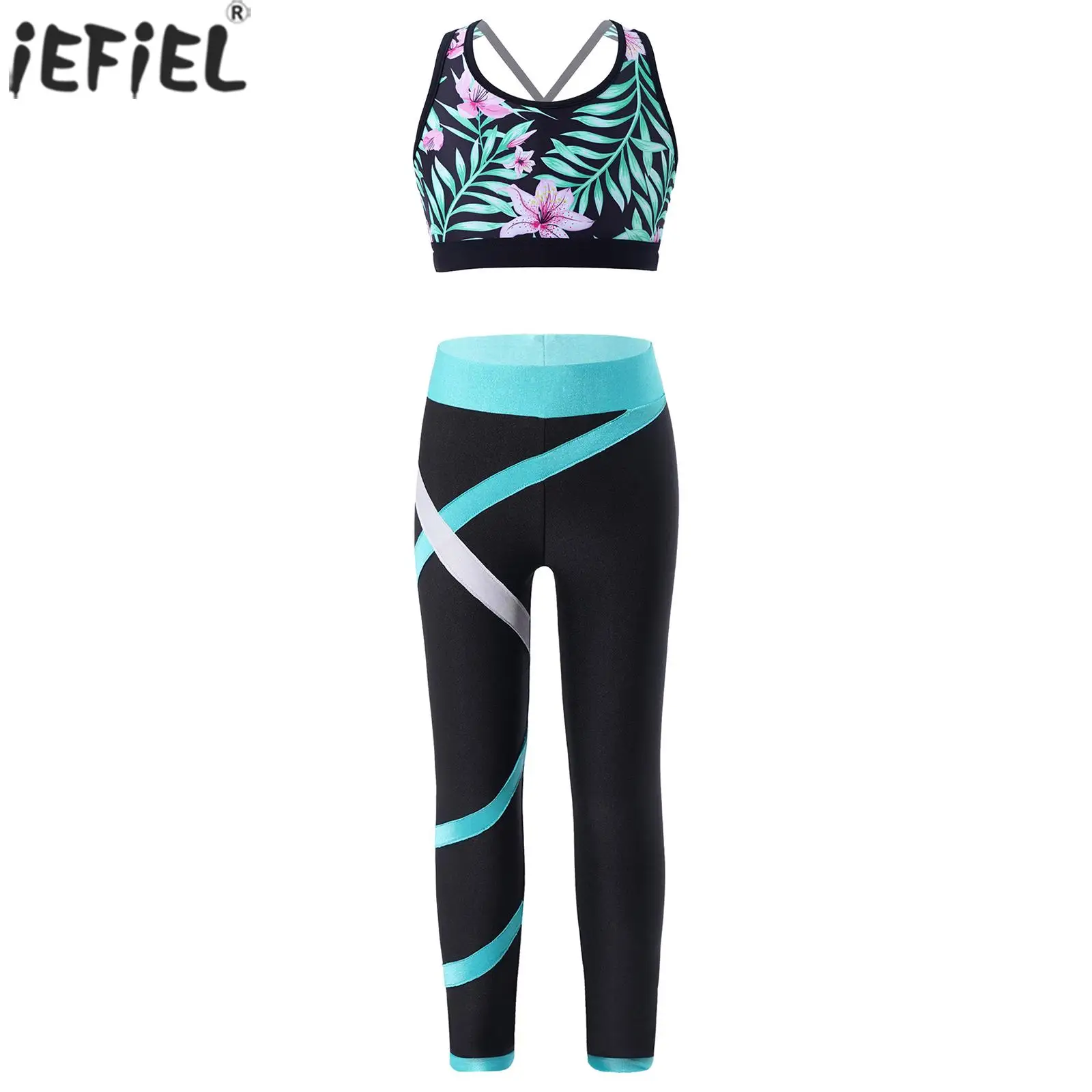 

Kids Girls Sports Suit Workout Gymnastics Outfits Sleeveless Racer Tanks Crop Top with Leggings Gym Running Swimming Activewear