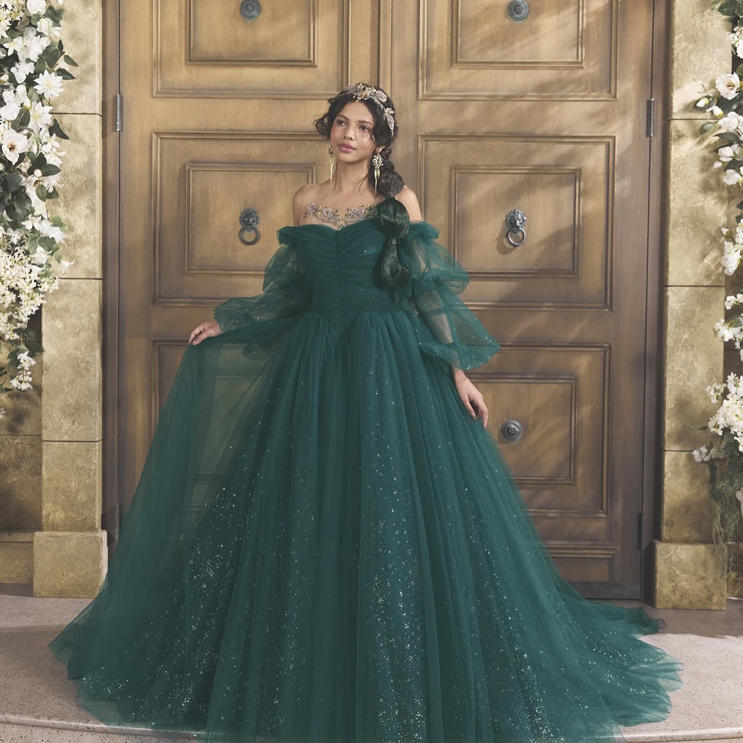 Shiny Emerald Green Off‑Shoulder Sequin Ball Gown 2025 New Elegant Evening Dress Floor Length Tulle Long Party Dress Customized