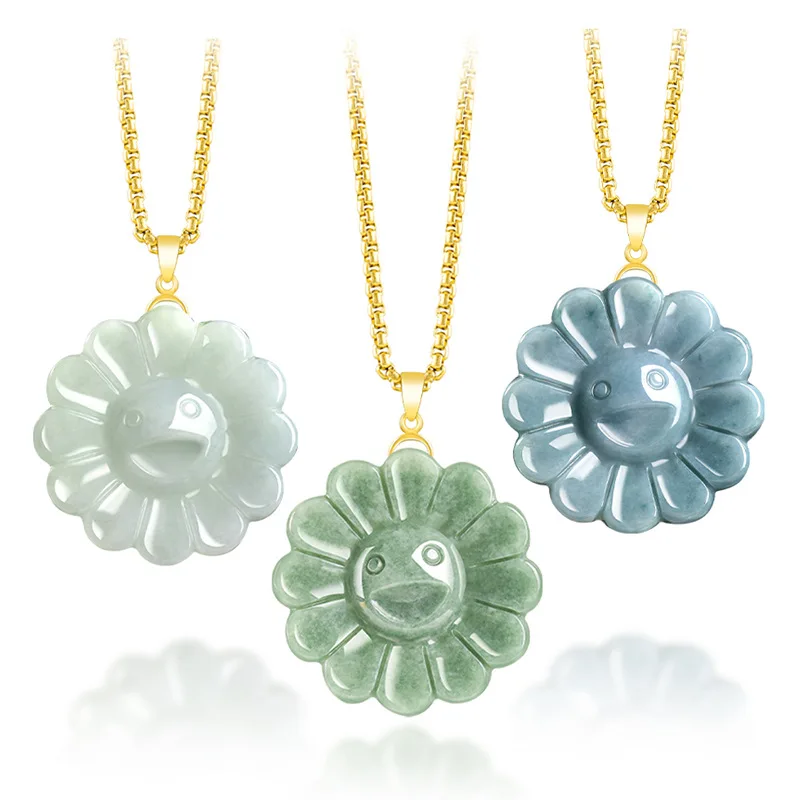 

925 Silver Inlay Natural Burmese Jadeite Blue Water Cartoon Sun Flower Necklace Pendant Emerald Fashion Jewelry Couples Gift