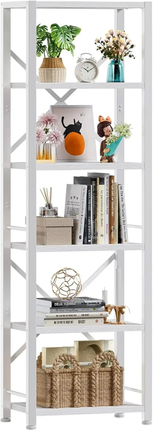 

White Tall Bookshelf, Narrow Bookcase with 6 Shelves, Modern Freestanding Shelf Units, Metal and Wood Display Storage Corner