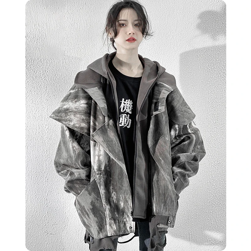 Unisex High Street Functional Cargo Jacket Techwear Fake two-piece Tactical Windbreaker Coats Streetwear Men's clothing Oversize