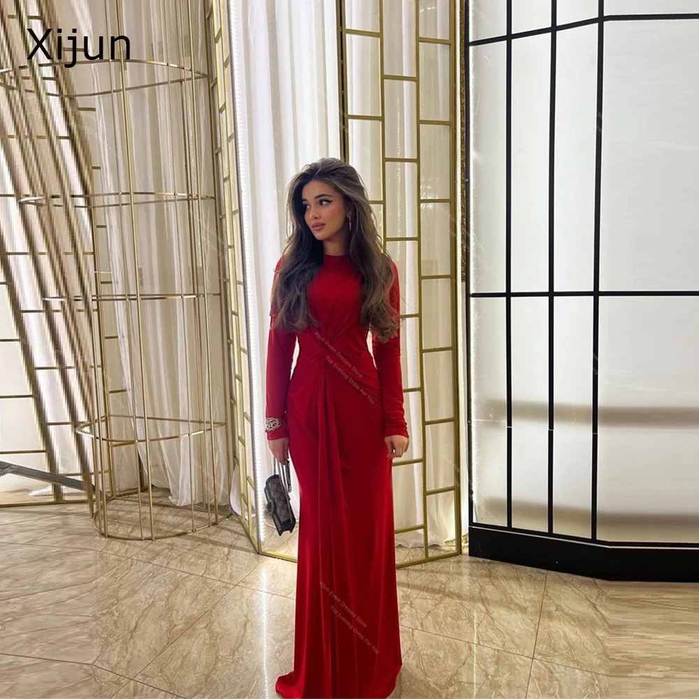 Xijun Modest Mermaid Red Evening Dresses Full Sleeves Buttons Formal Prom Dresses Saudi Arabric Floor Length Prom Gown Occasion