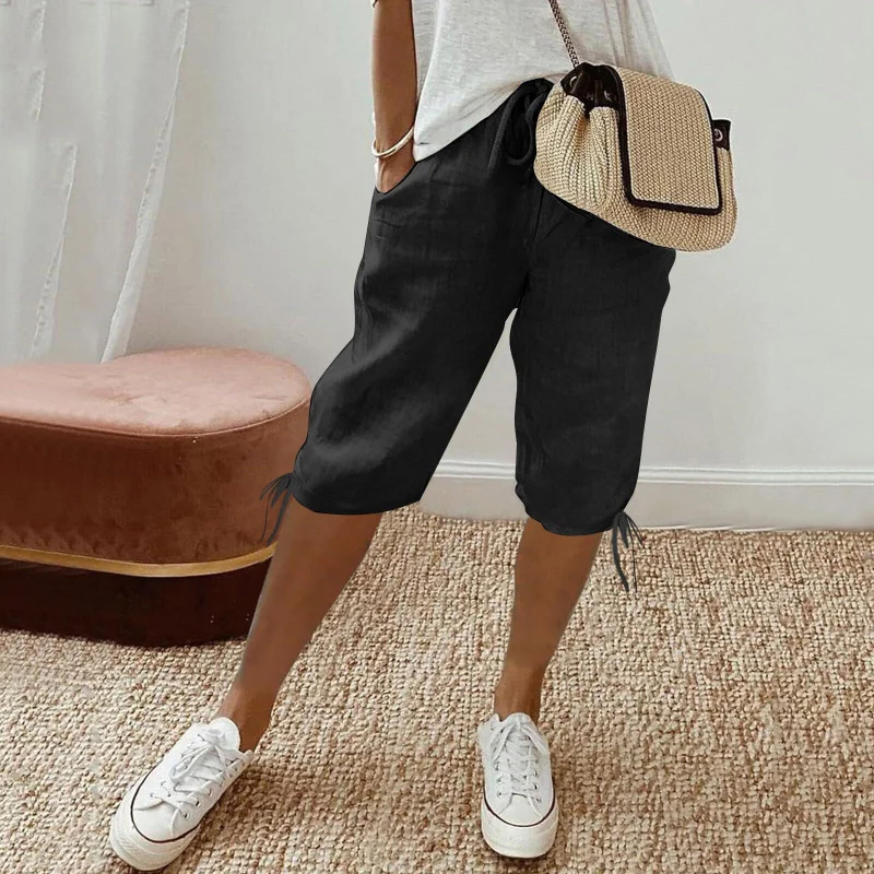

2025Best-Selling New Type Station Women's Cotton and Linen Pocket Elastic Drawstring Casual Pants Women's Five Pants