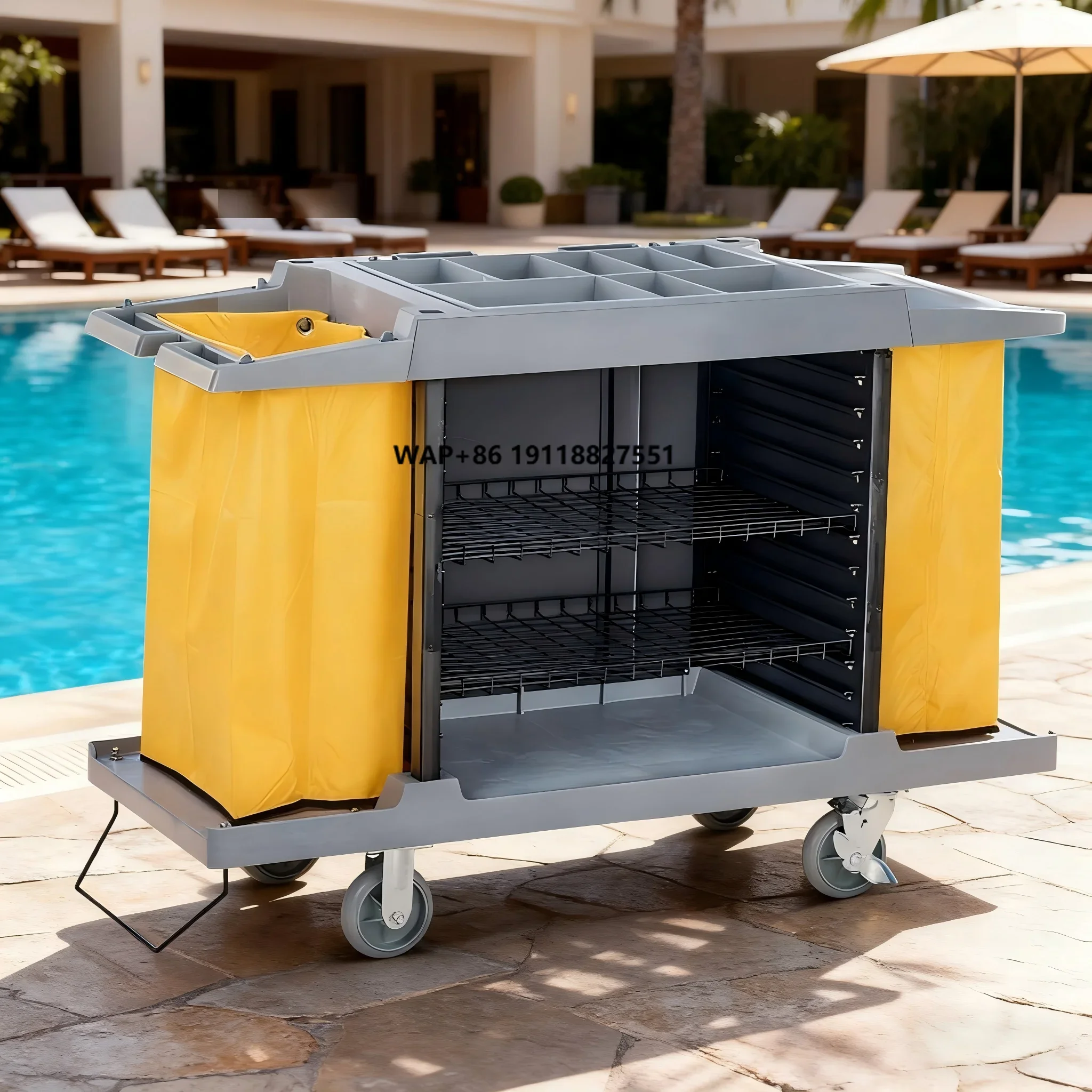 

Moving Anti-collision Device House Hotel Room Cleaning Housekeeping Trolley Cart with Adjustable Middle Shelf