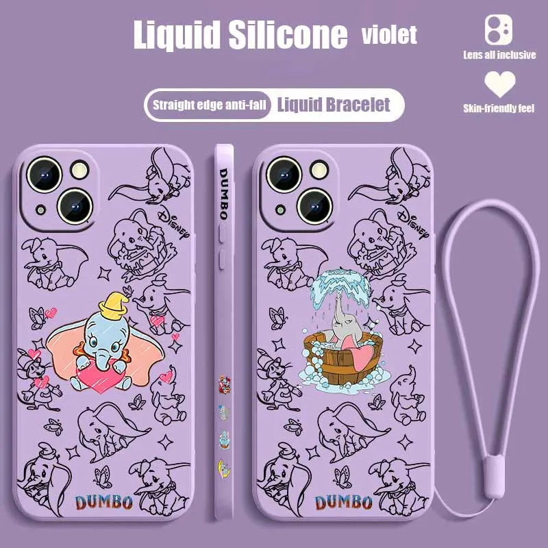 Funda de silicona líquida con cuerda para iPhone de Apple, diseño de Dumbo de Disney, compatible con modelos 17, 16E, 16, 15, 14, 13, 12 Mini, Pro, Max, Plus