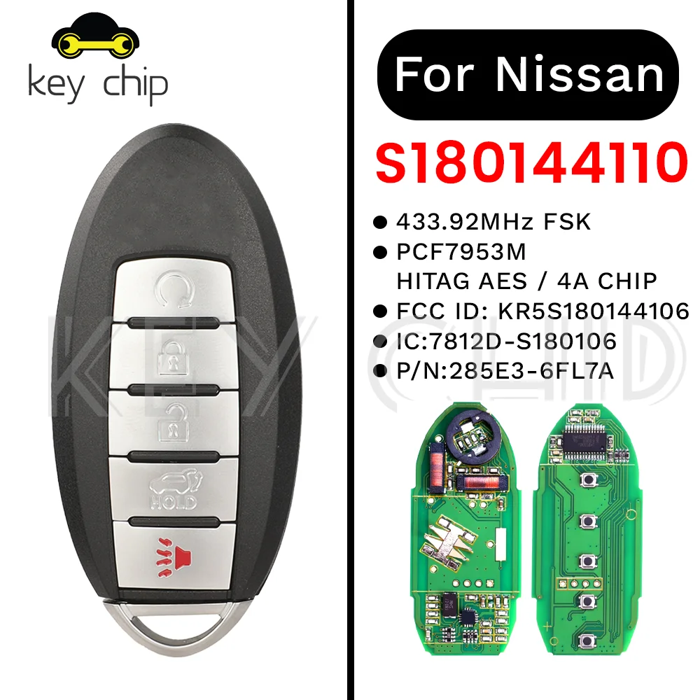 

S180144110 KR5S180144106 Смарт-ключ для Nissan Rogue 812D-S180106 285E3-6FL7A 4A ЧИП PCF7953M 433,92 МГц FSK 4 + 1 кнопки
