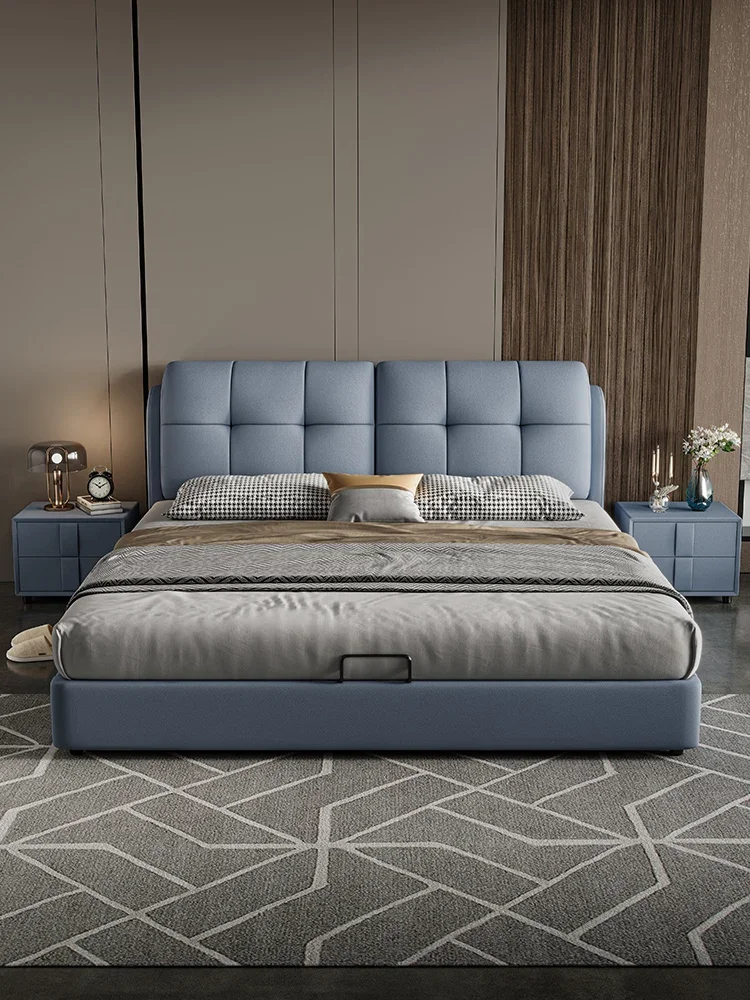 سرير جلدي حديث وبسيط وخفيف وفاخر ومزدوج من الخشب الصلب وحقيبة ناعمة وسرير من القماش وغرفة النوم الرئيسية وجو راقي