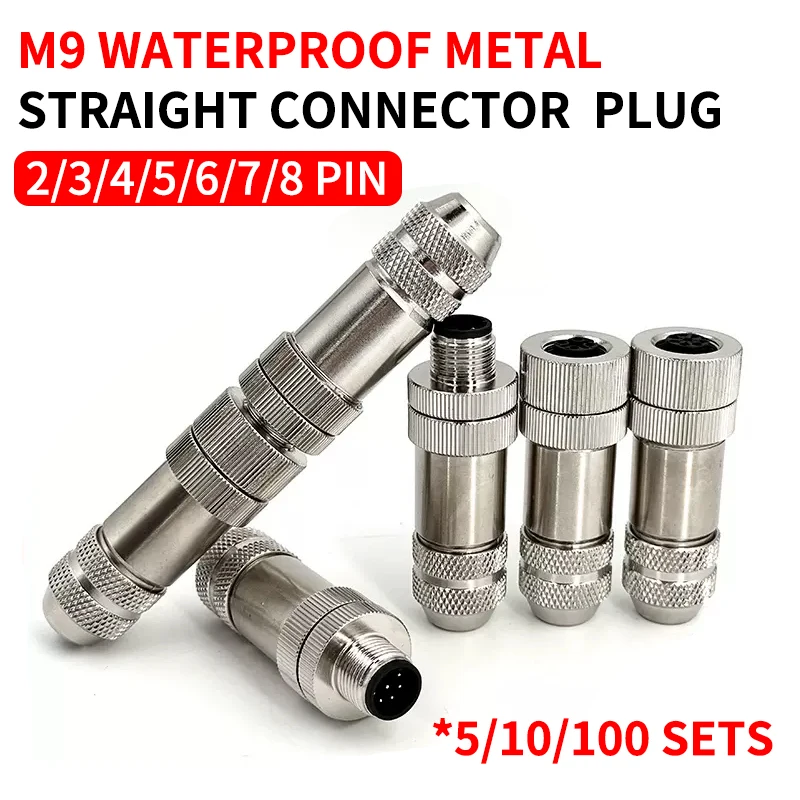 

5/10/100 Sets M9 waterproof metal straight connector aviation plug socket 2/3/4/5/6/7/8 pins crimping welding plate front