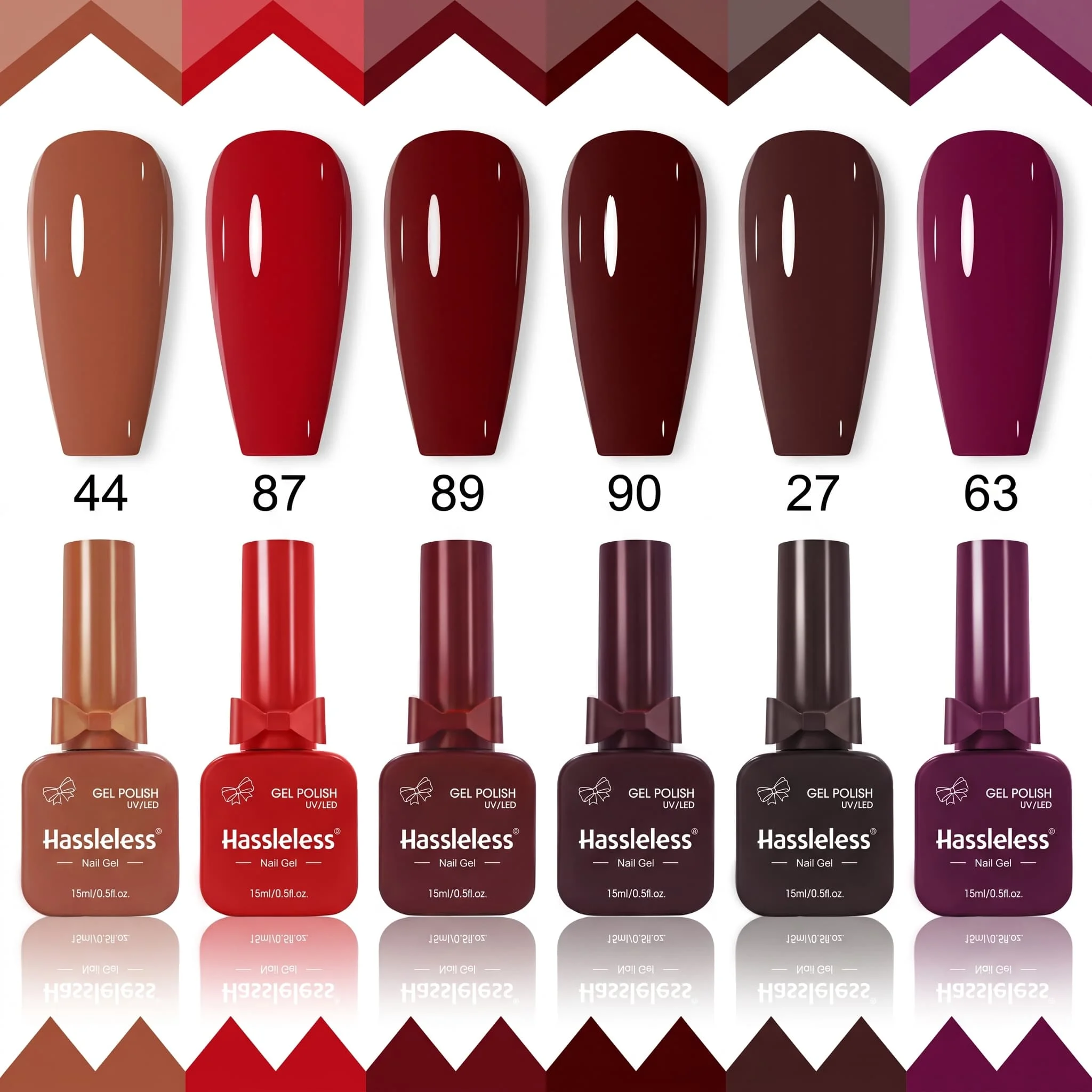 Hassleless Vintage Autumn-Winter Red-Brown 6-Piece Nail Gel Polish Set, high-gloss mirror effect, smooth application with even color distribution, long-lasting color that is not prone to chipping