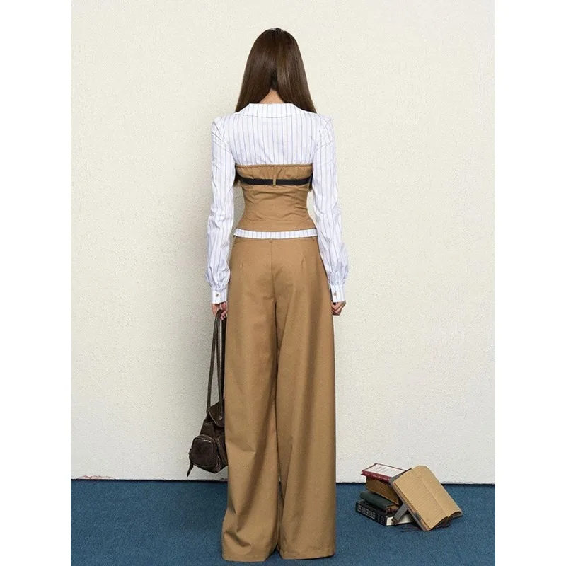 Korean Old Money Style Contrast Fake Two Piece Spliced Long Sleeve Top Slim Wide Leg Pants Two Piece Set