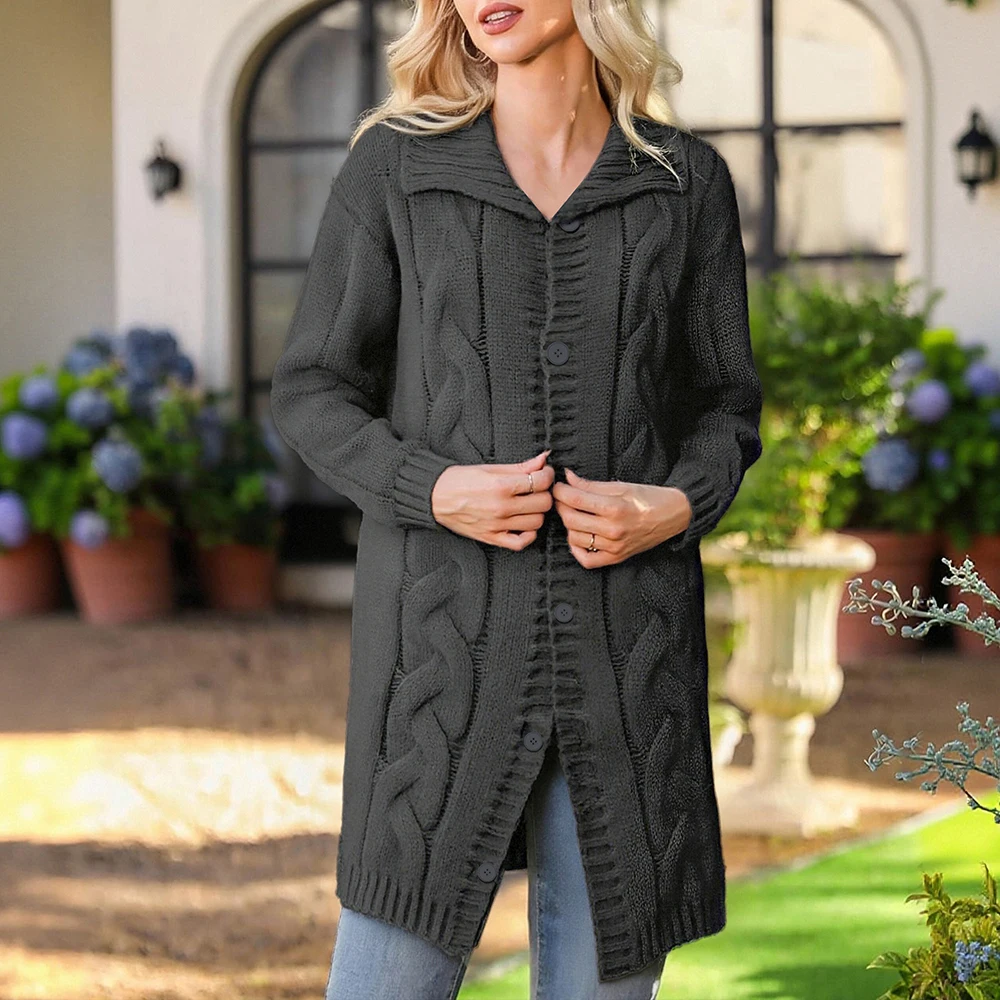 Cardigan long en tricot torsadé pour femme : col châle boutonné – Tenue quotidienne décontractée automne/hiver, vêtements d'extérieur chauds surdimensionnés et confortables en tricot