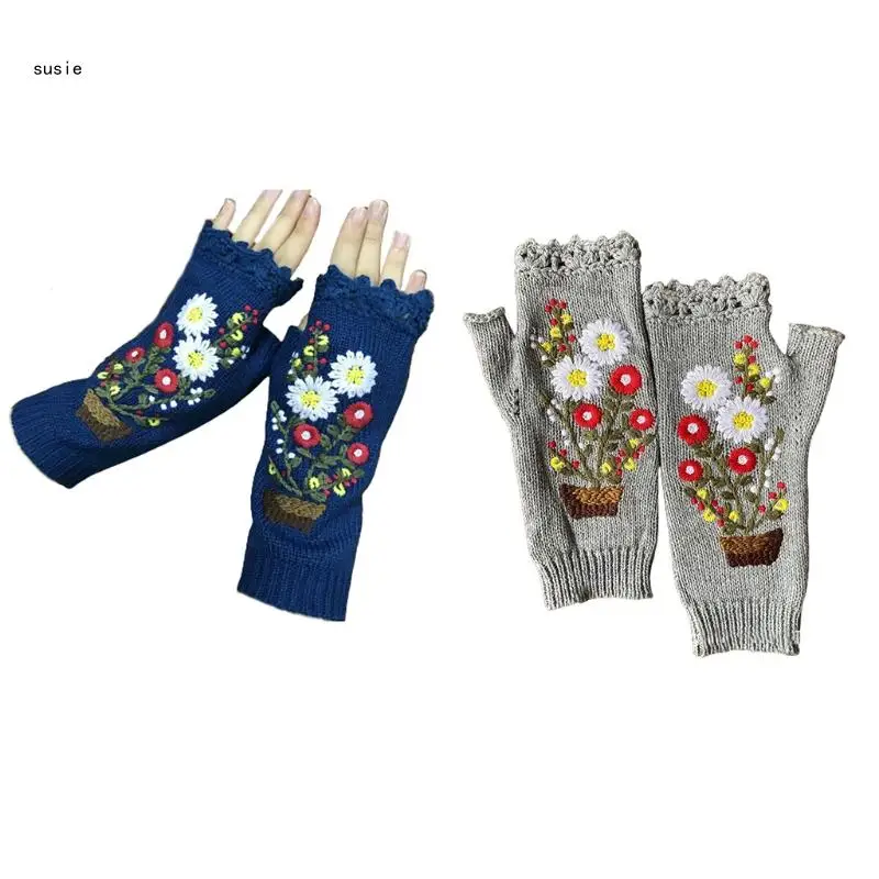 

X7YA Cartoon Gloves Flower Embroidered Fingerless Gloves Knitted Stretchy Mittens