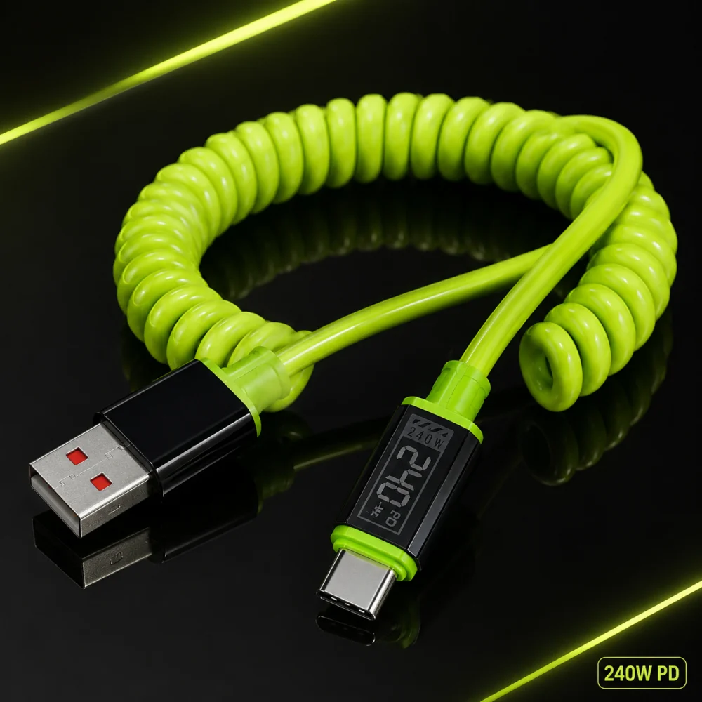 240W Typ-C-auf-Typ-C-Schnellladekabel, universelles, spiralförmiges, teleskopisches USB-Kabel, 6A USB-C-Kabel für Xiaomi, iPhone, Samsung – Detail 5