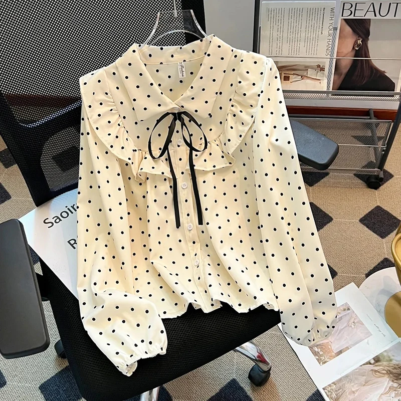 

Sweet Polka Dots Shirts Women Long Sleeve Kawaii Ruffles Vintage Preppy Blouse Spring Autumn Cute Student Bow Loose Casual Tops