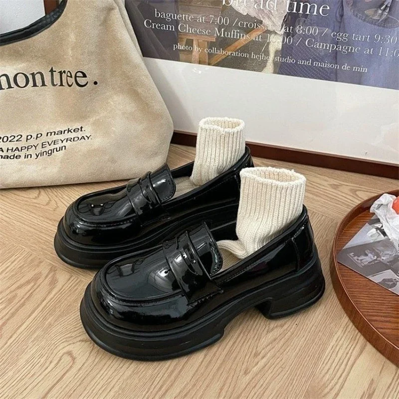 

Black Women's British Style Loafers 2025 Versatile Thick Sole Round Toe Mini Leather Shoes Preppy JK Shoes
