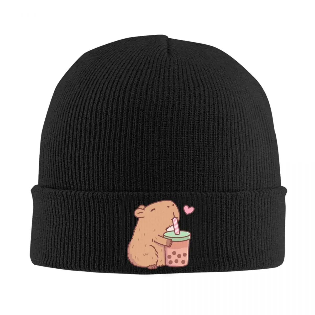 Cute Capybara Loves Bubble Tea Knitted Hat for Women Men Beanie Winter Hat Acrylic Cartoon Animals Warm Melon Cap