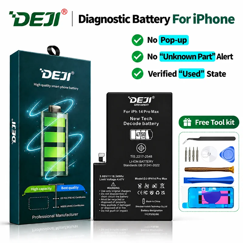 DEJI Diagnostic Battery for iPhone 12 13 Mini 14 15 Pro Max Plus No Pop Up 100% Health A+Cell High Capacity Battery Replacement